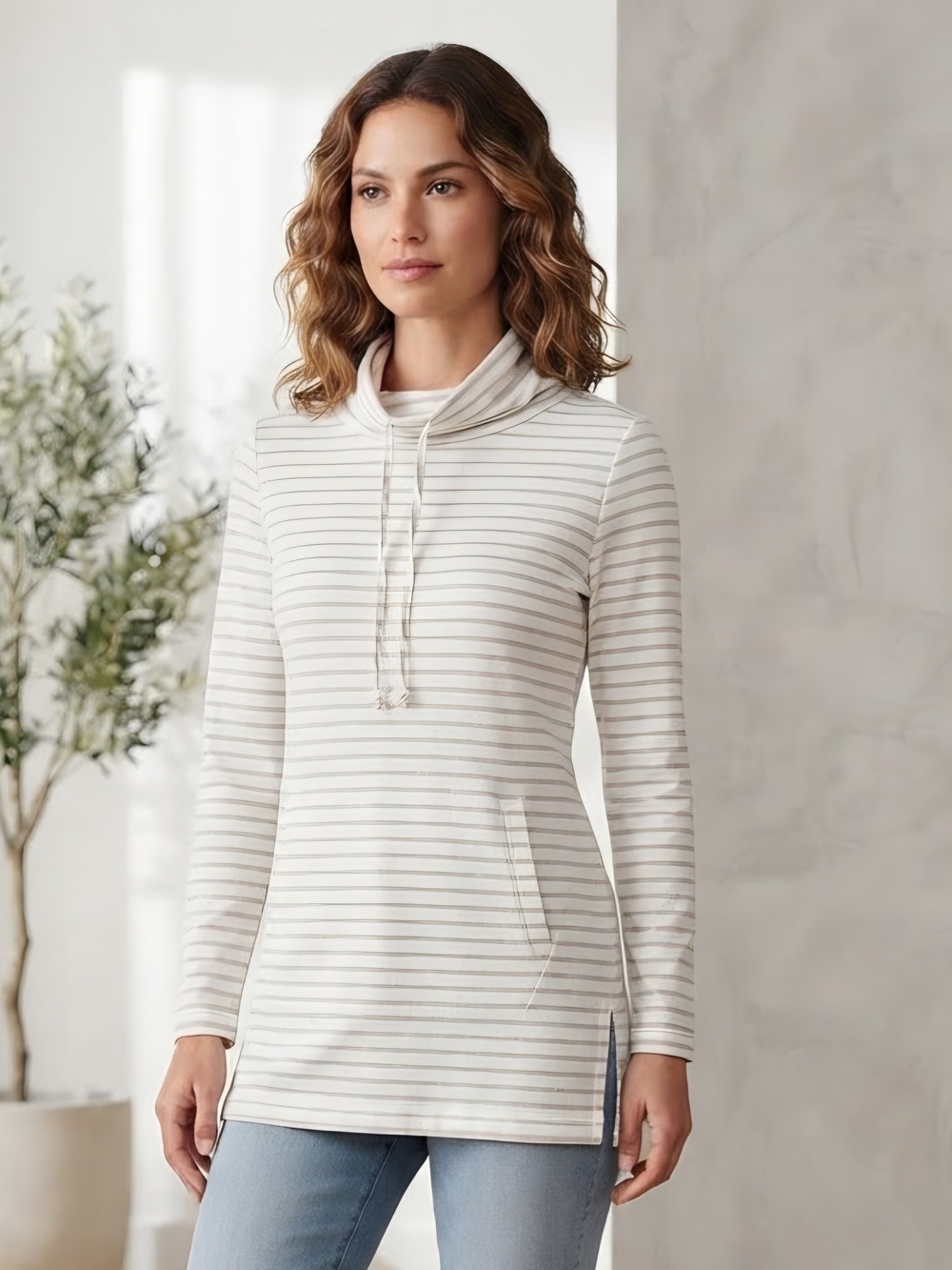 Talbots Cream and Gray Striped Cowl Neck Tunic Sweater